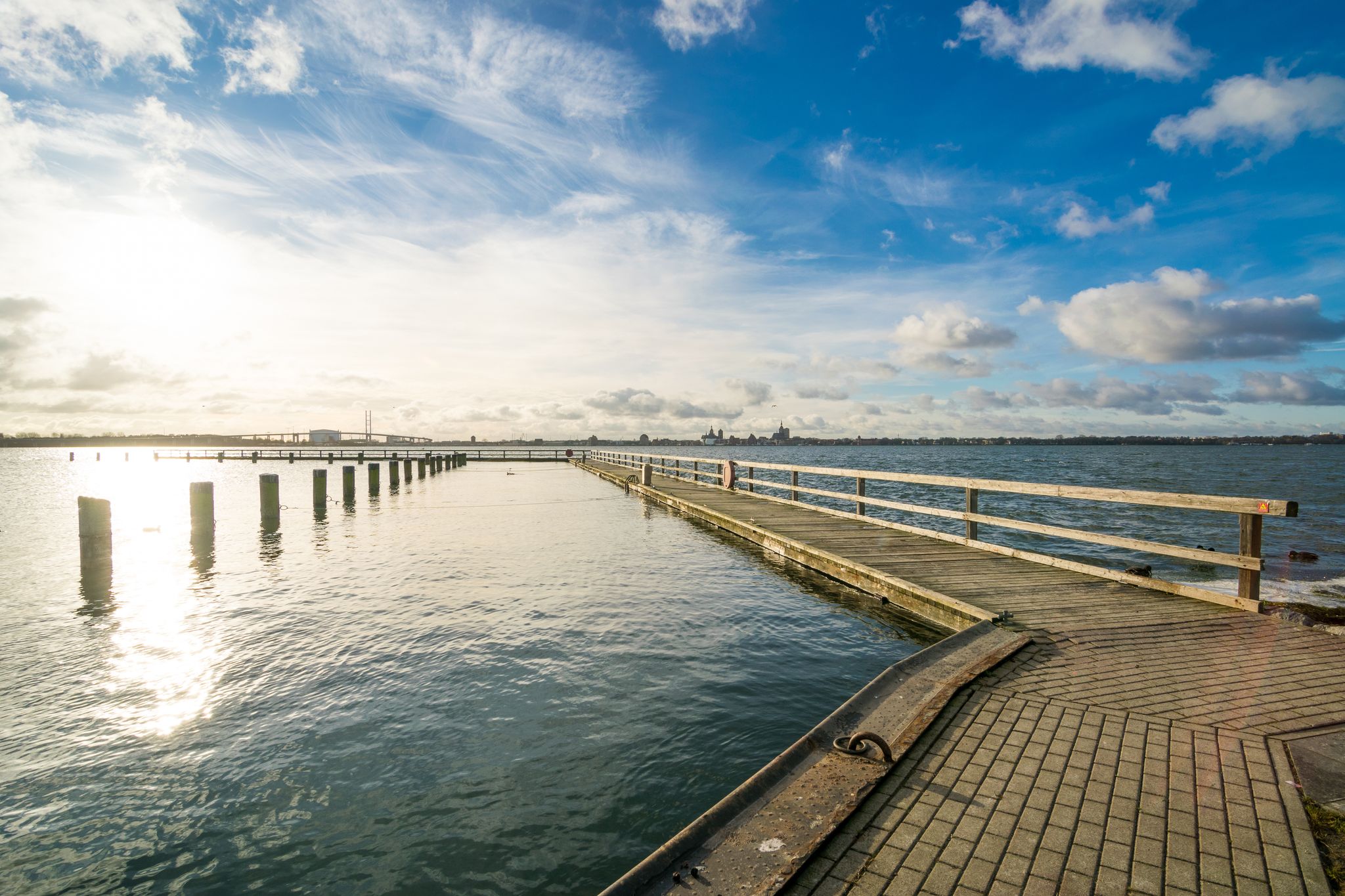 View to Stralsund from Altefaehr at the Island of Ruegen in Germany