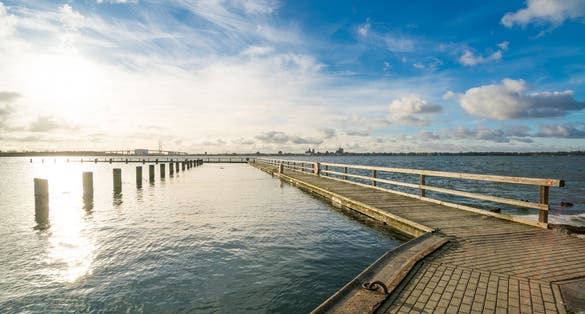View to Stralsund from Altefaehr at the Island of Ruegen in Germany