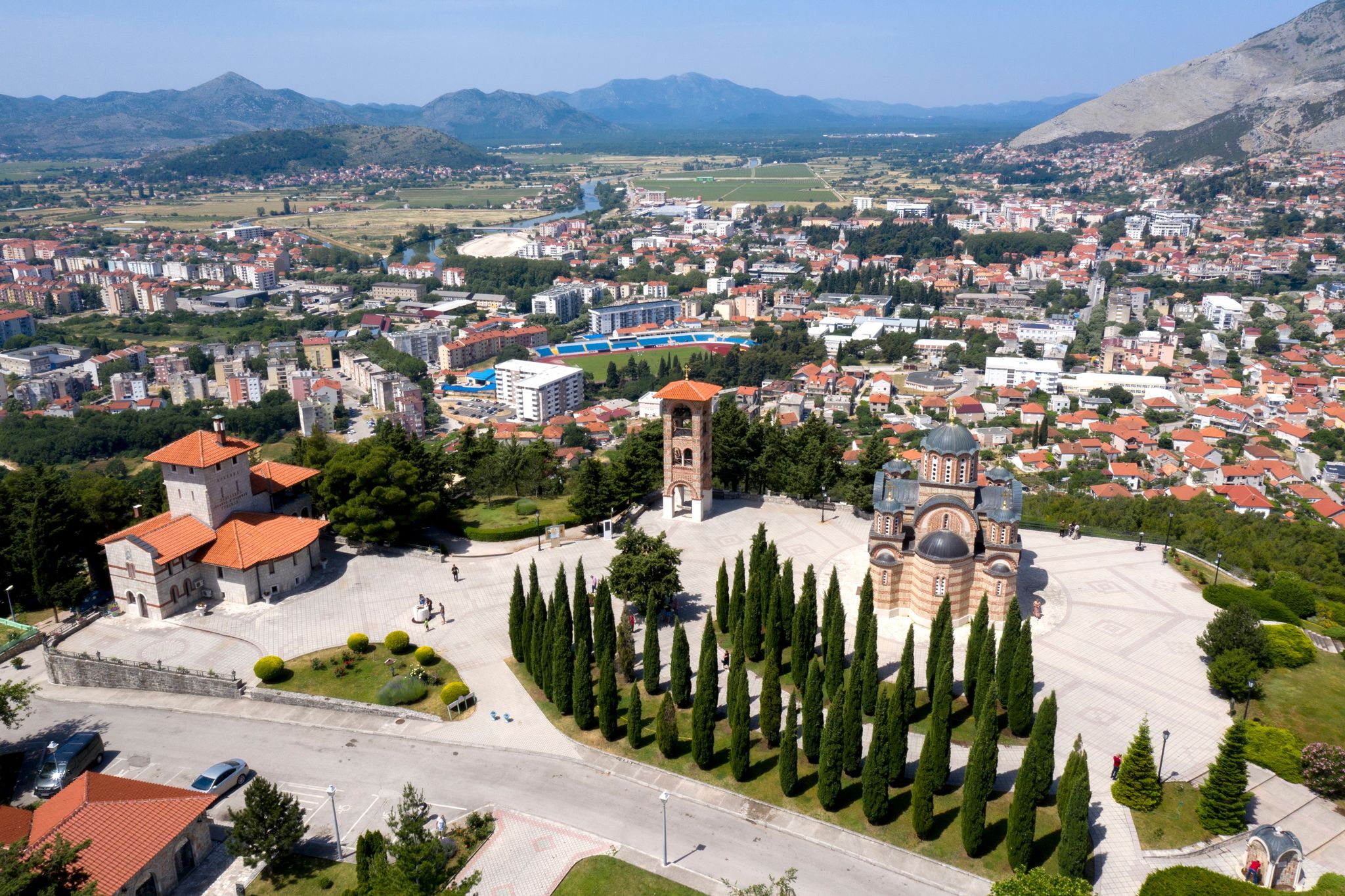 Photo of aerial beautiful view of Hercegovacka Gracanica Orthodox church in Trebinje, Bosnia and Herzegovina.