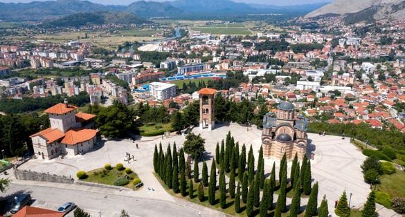 Photo of aerial beautiful view of Hercegovacka Gracanica Orthodox church in Trebinje, Bosnia and Herzegovina.