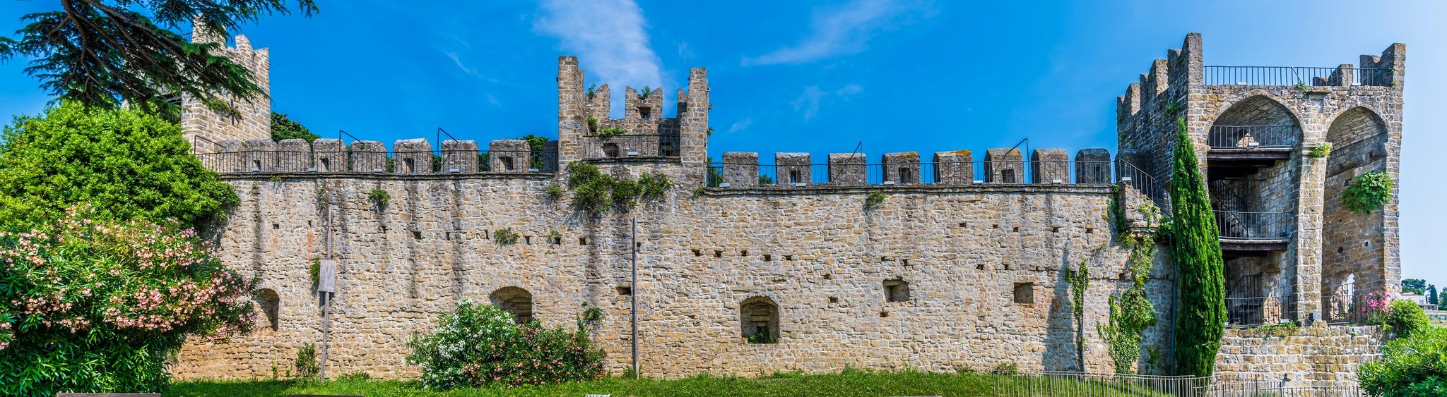 A view towards the old town walls in the town of Piran, Slovenia in summertime