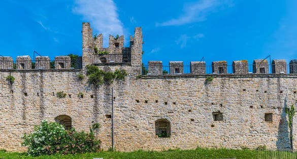 A view towards the old town walls in the town of Piran, Slovenia in summertime