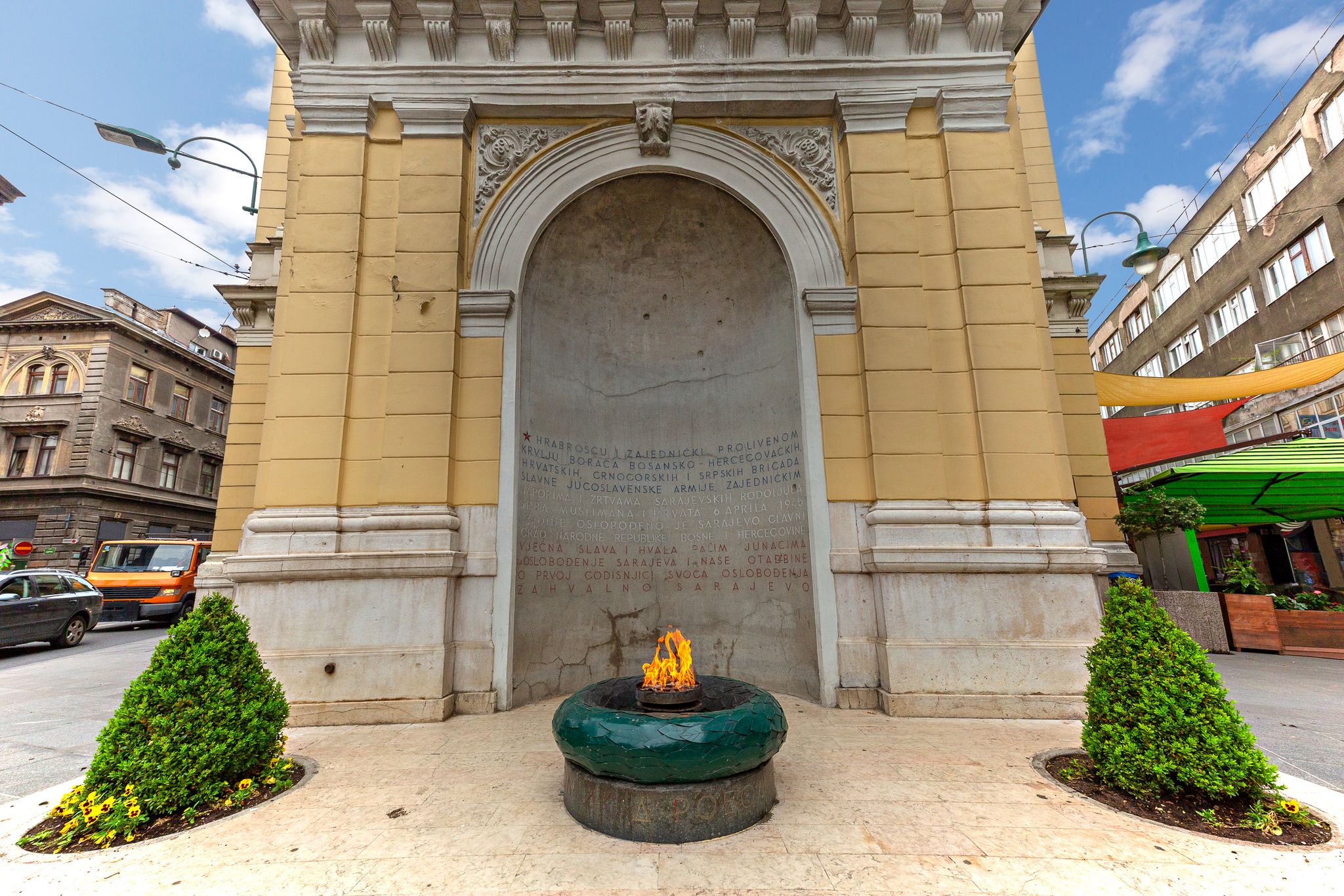 Photo of World War 2 memorial with eternal flame, in Sarajevo, Bosnia and Herzegovina.