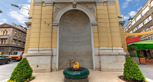 Photo of World War 2 memorial with eternal flame, in Sarajevo, Bosnia and Herzegovina.