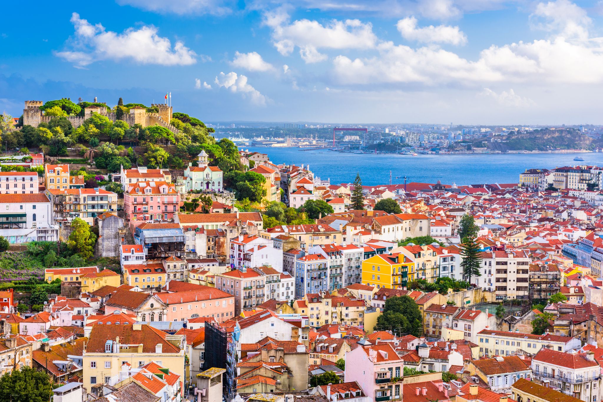 Photo of Lisbon City Skyline with Sao Jorge Castle and the Tagus River, Portugal.