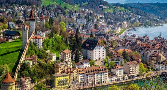 View over Lucerne with Museggmauer from castle Guetsch.