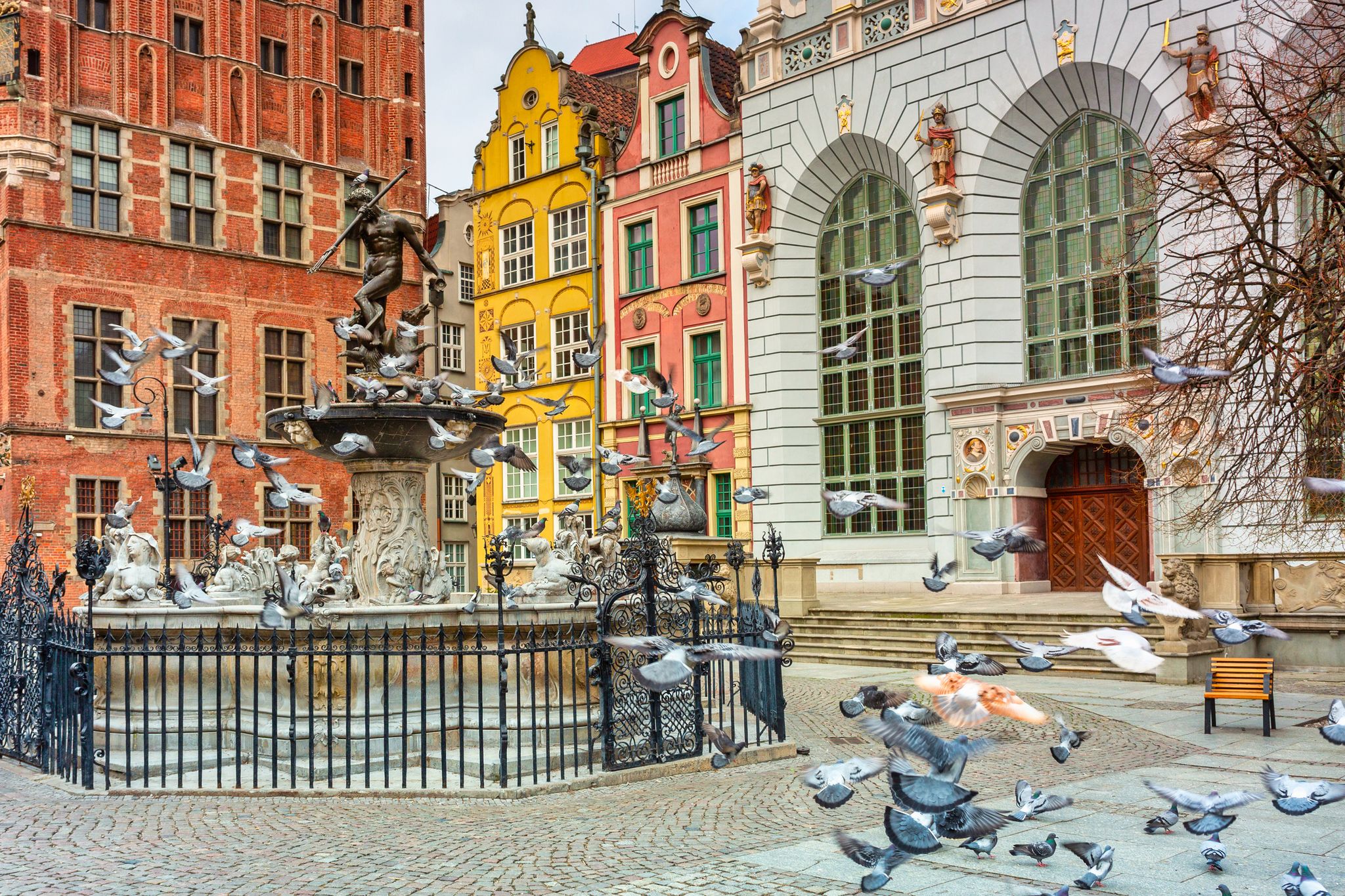 Fountain of the Neptune in old town of Gdansk, Poland