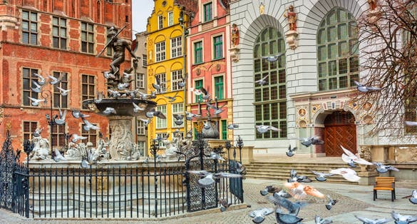 Fountain of the Neptune in old town of Gdansk, Poland
