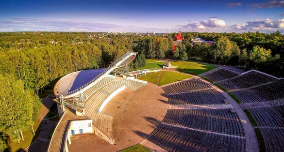Aerial view of the Tartu city in Estonia. Seen are the trees and the song stage in the middle
