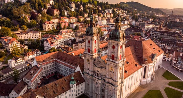 photo of beautiful aerial view of St. Gallen cityscape skyline, Abbey Cathedral of Saint Gall in Switzerland.