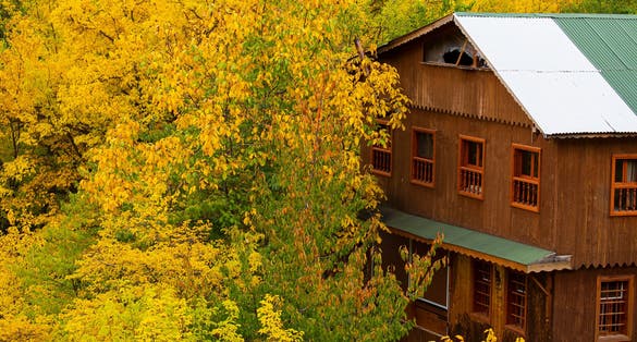 Photo of a traditional wooden house among luscious colorful autumn leaves in October in Erzincan, Kemaliye district.