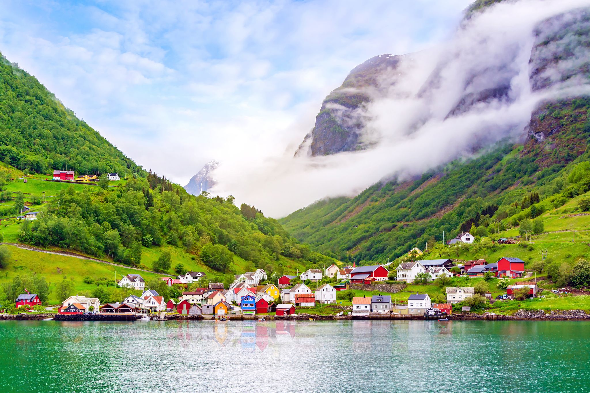 Photo of beautiful idyllic landscape of the fjord Naeroyfjord in Gudvangen, Norway.