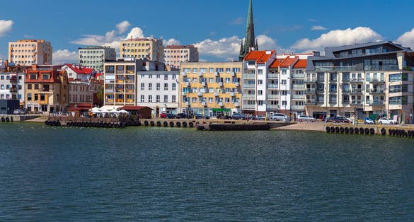 Swinoujscie. City embankment and bay on a sunny day.