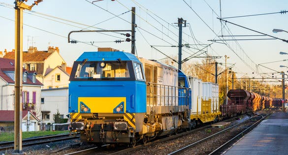 Photo of Diesel locomotive hauling a freight train at Montbeliard station ,France.