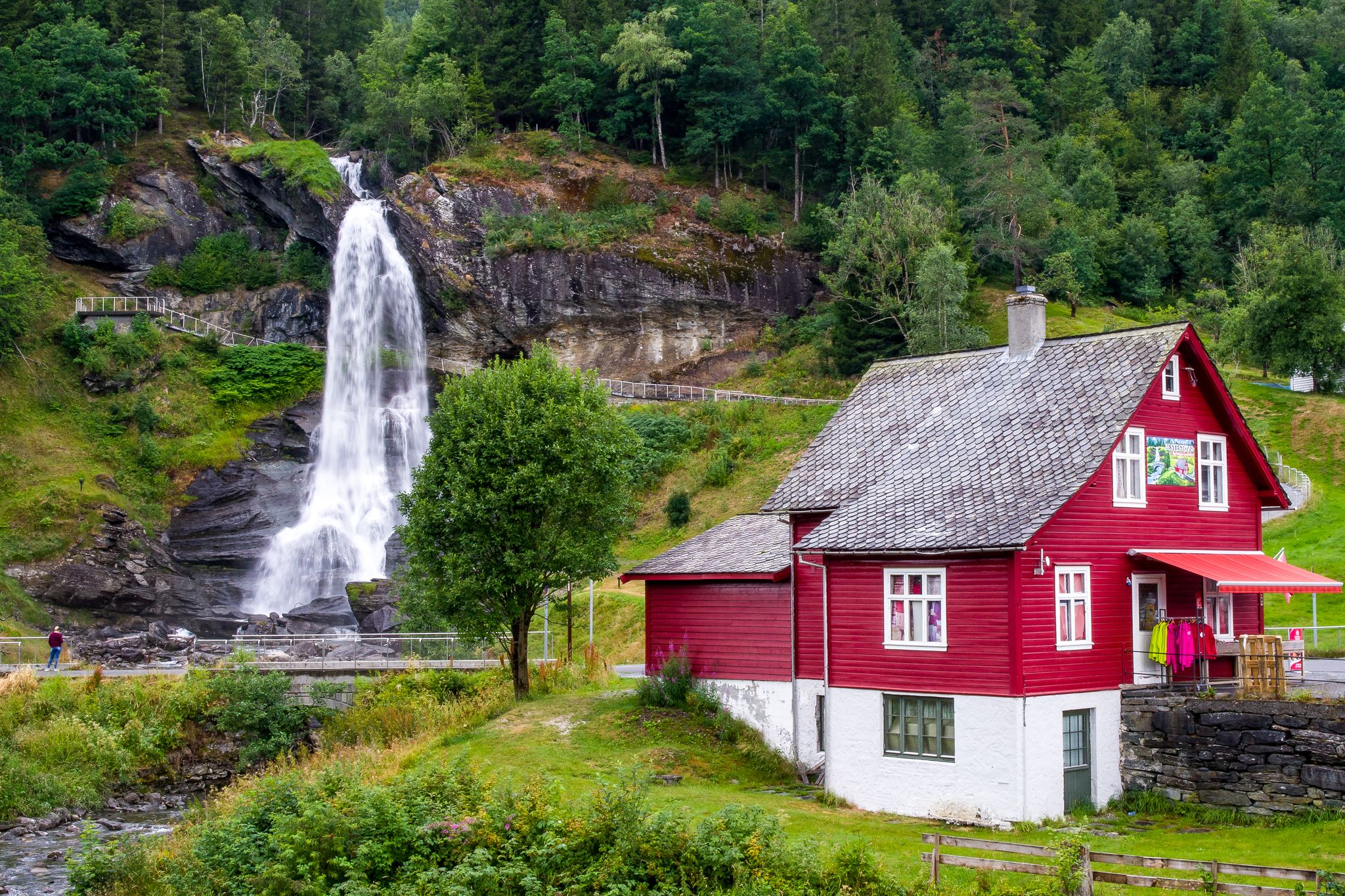 Photo of Steinsdalsfossen Waterfall, one of the most visited tourist sites in Norway, located in the village of Steine in the municipality of Kvam in Hordaland county.