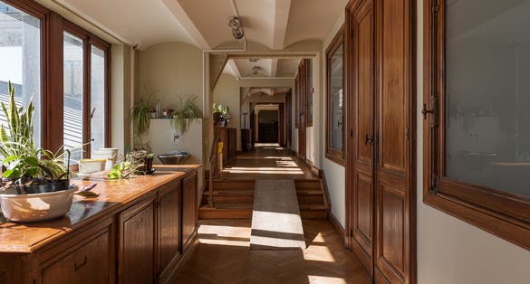 Photo of vintage wooden desk in the corridor of the museum for natural science, Brussels ,Belgium.