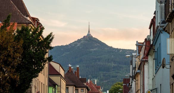 Photo of Jested mountain seen from the streets of Liberec, Czech Republic.