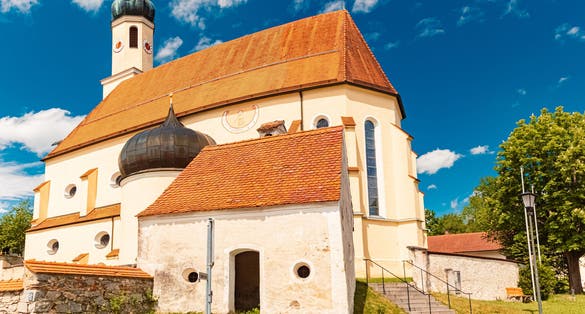 Church on a sunny summer day at Saint Leonhard am Buchat, Babensham, Rosenheim, Bavaria, Germany
