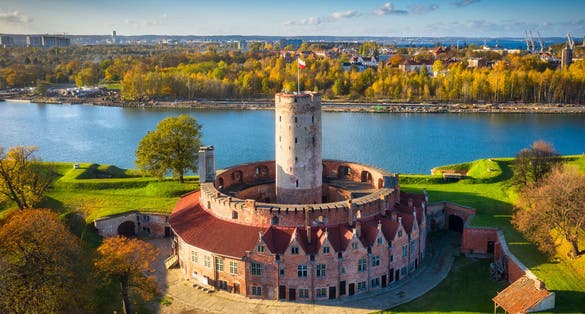 Photo of aerial landscape of the Wisloujscie fortress in autumnal scenery, Gdansk, Poland.