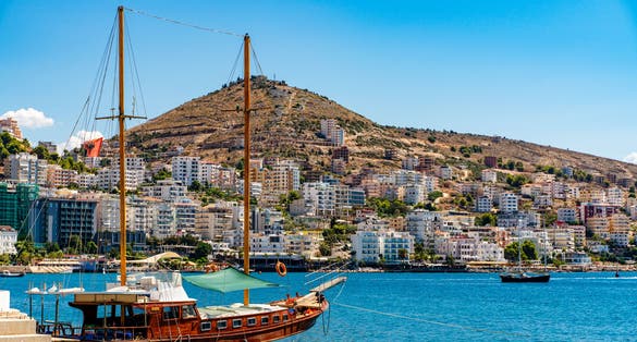 Saranda's city view ionian sea. Bright morning scene of Albania, Europe. Traveling concept background.