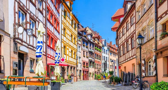 Photo of half timbered Houses in Nuremberg. Weissgerbergasse.