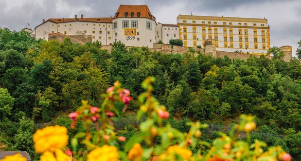 Panoramic view castle Veste Oberhaus on river Danube. Antique fortress in Passau, Lower Bavaria, Germany.