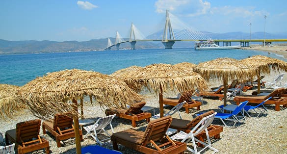 Photo of Rio Antirio Beach Patra and big cable bridge.