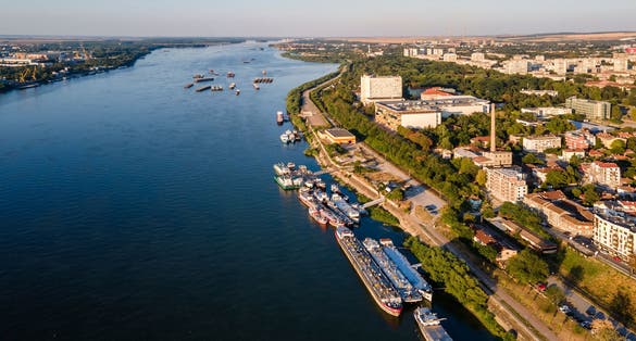 Aerial view of Danube River and City of Ruse, Bulgaria