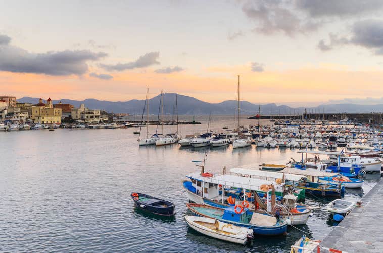 scenic view of the sea and boats from the port,Torre del Greco, Naples, Campania, Italy, Europe- 