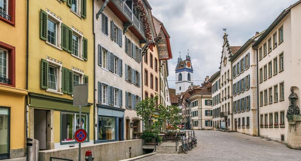 Photo of street with historical houses in Aarau old town, Switzerland.