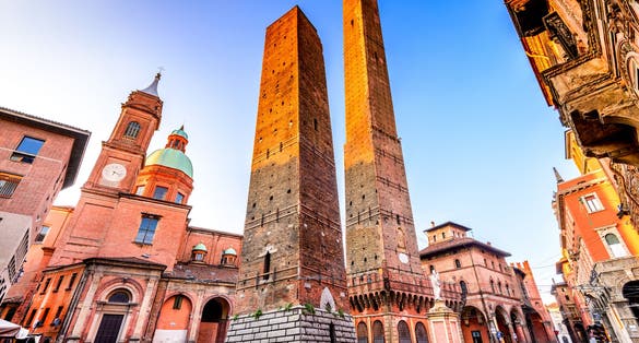 photo of Bologna, Italy - Two Towers (Due Torri), Asinelli and Garisenda, symbols of medieval Bologna towers.