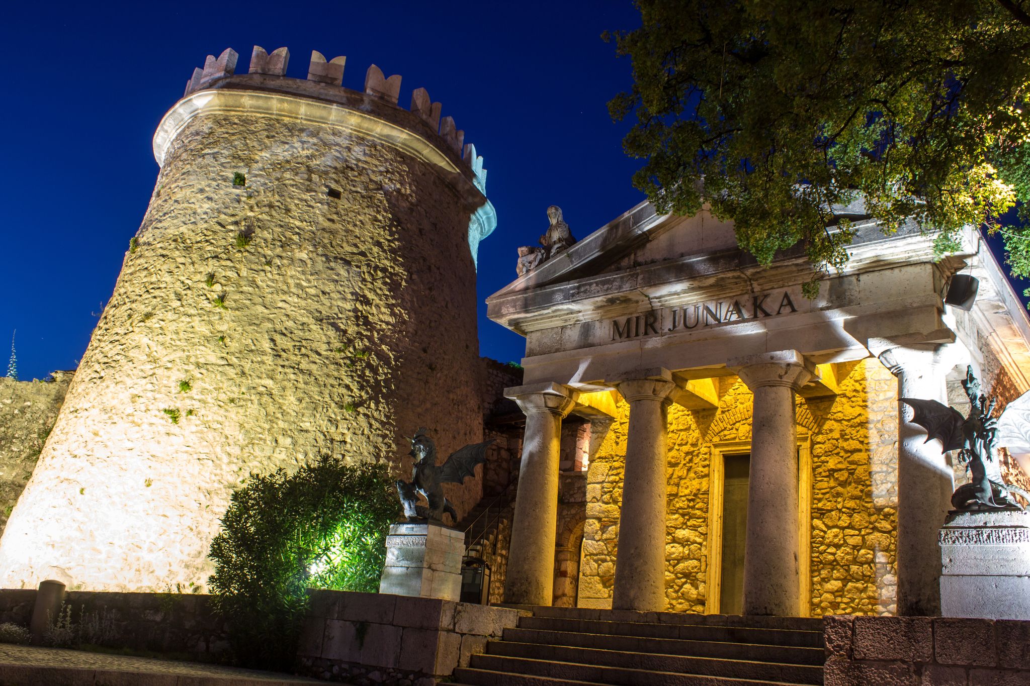 Photo of Tower of Trsat castle at night in Rijeka, Croatia.
