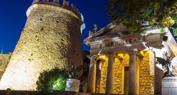 Photo of Tower of Trsat castle at night in Rijeka, Croatia.