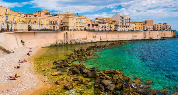 Coast of Ortigia island at city of Syracuse, Sicily, Italy. Beautiful travel photo of Sicily.