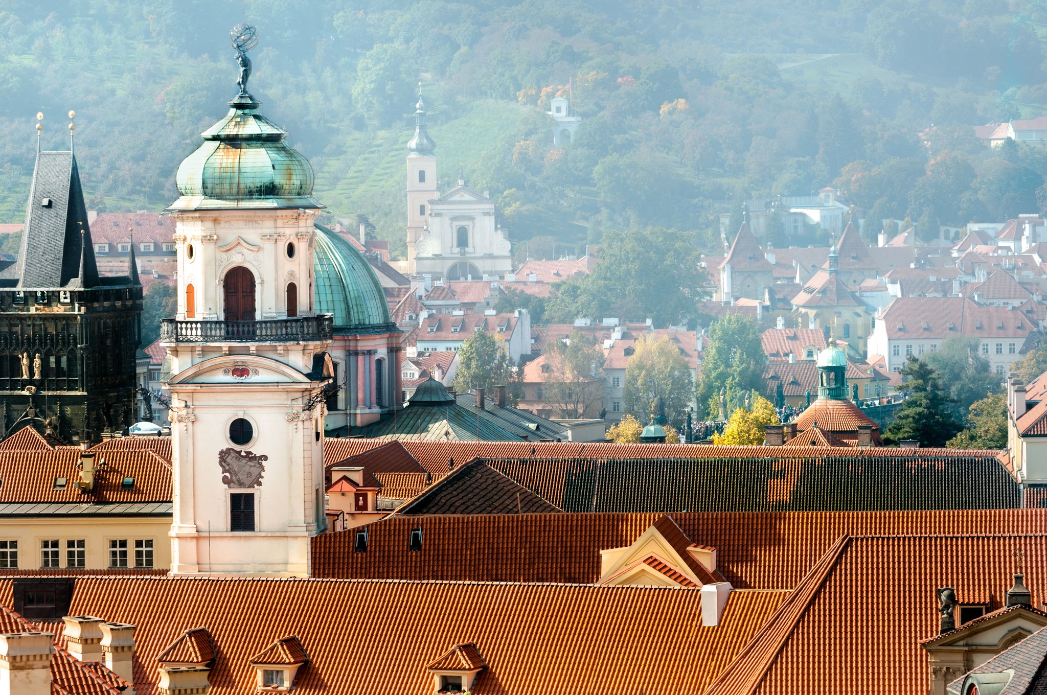 Photo of roofs of Clementinum jesuit college and Astronomical Tower, Prague, Czech republic.