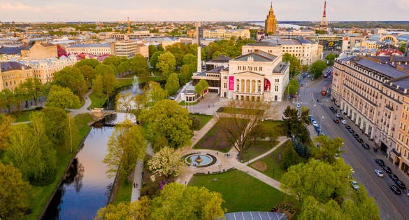 photo of Riga, Latvia. Beautiful aerial view of the Latvian national opera house in Riga.