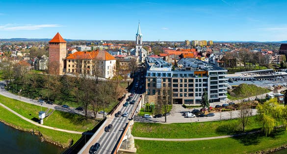 View of city of Oswiecim in Poland, where Auschwitz concentration camp is located