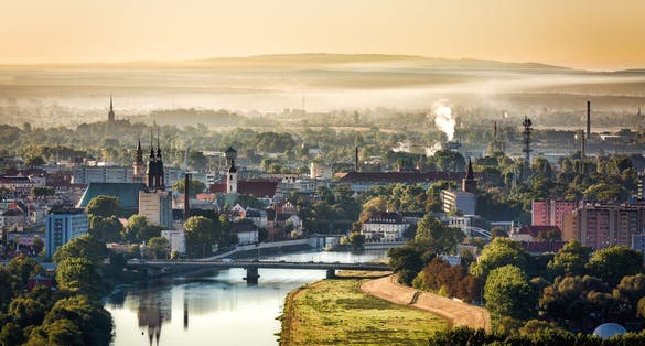 Photo of aerial view of Opole city with old buildings and wonderful views, Poland.