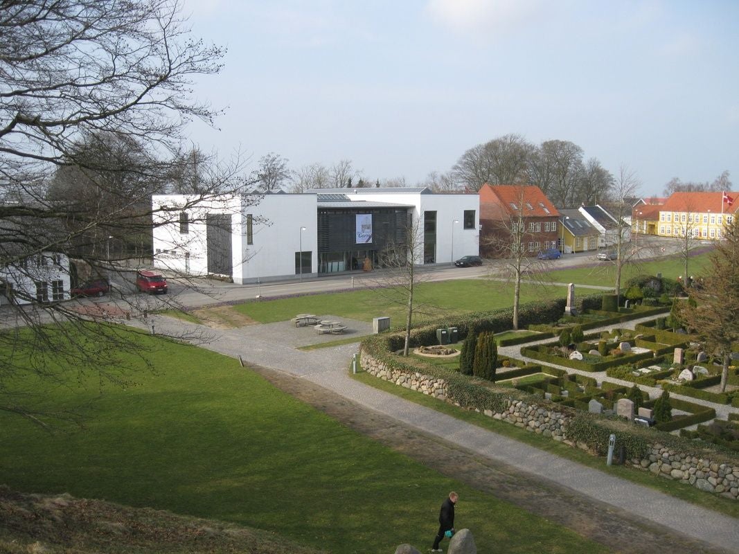 Photo of aerial view of Kongernes Jelling, Denmark.