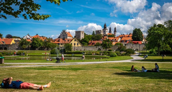 Beautiful summer landscape view of Almedalen garden and recreation park area.