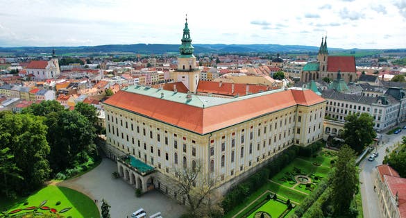 Photo of panoramic aerial view of Castle and gardens in Kromeriz, Czech Republic.