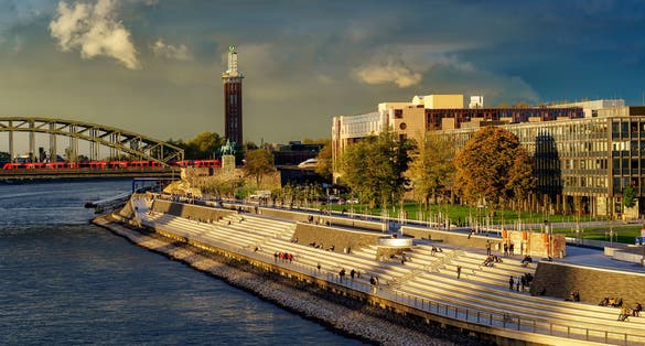 photo of view of New Rhine Embankment in Cologne Messe Deutz,Cologne Germany.