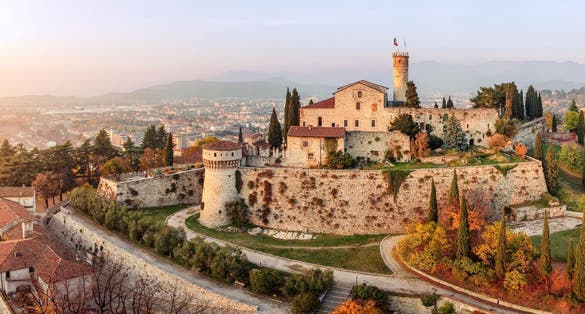 photo of view of Panoramic drone view on medieval fortress Castello di Brescia, Italy.