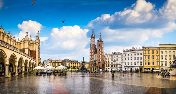 Photo of old town market square in Krakow, Poland.