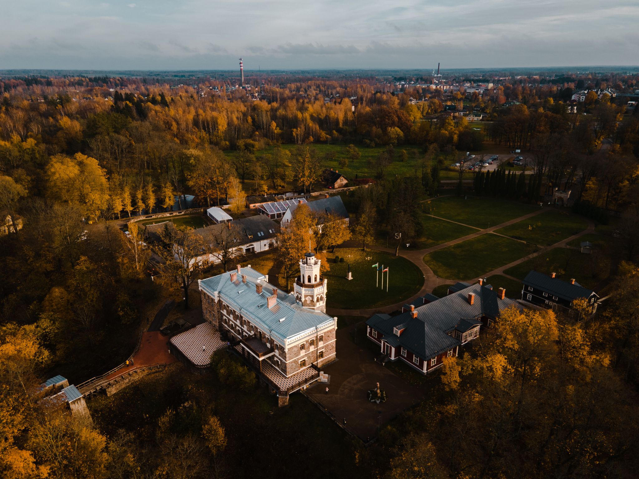 photo of aerial view of new Sigulda castle in Autumn Latvia.