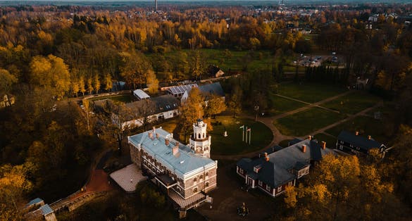 photo of aerial view of new Sigulda castle in Autumn Latvia.