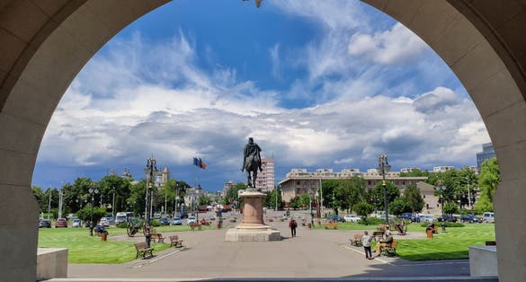 View to the square through the Vault from the Palace of Culture - Iasi City.