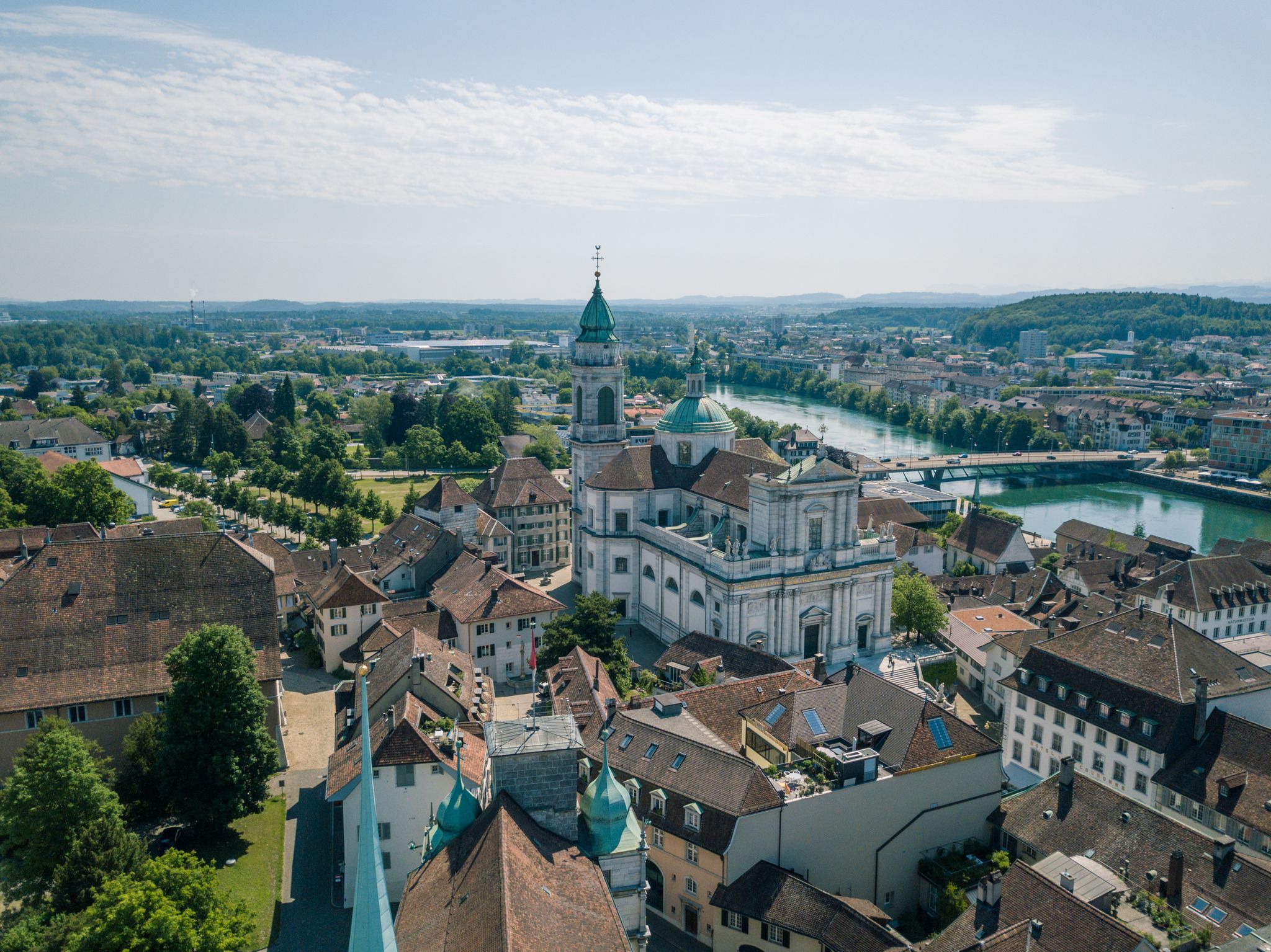 photo of aerial view of St. Ursus Cathedral in Solothurn city capital of canton Solothurn in Switzerland.
