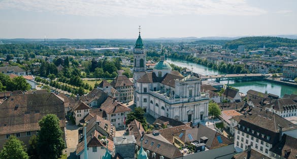 photo of aerial view of St. Ursus Cathedral in Solothurn city capital of canton Solothurn in Switzerland.