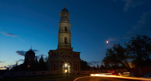 Photo of Noul Neamt Orthodox Monastery in Village Chitcani from Moldova. Medieval church and Chapel in the Easter night.